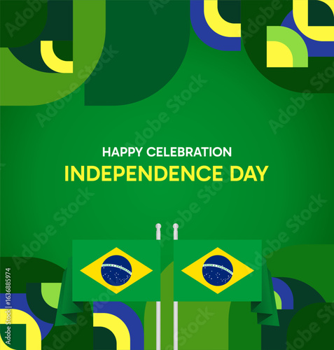 Brazil National Independence Day post template. Modern geometric abstract background in flag colors for Brazil Day, September 7th. Brazil Independence Day greeting card cover with flag and geometric