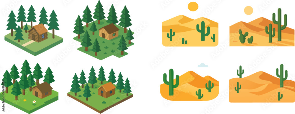 Fototapeta premium Isometric Forest Cabins and Desert Landscapes.