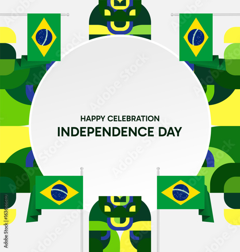 Brazil National Independence Day post template. Modern geometric abstract background in flag colors for Brazil Day, September 7th. Brazil Independence Day greeting card cover with flag and geometric
