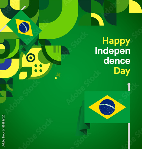 Brazil National Independence Day post template. Modern geometric abstract background in flag colors for Brazil Day, September 7th. Brazil Independence Day greeting card cover with flag and geometric