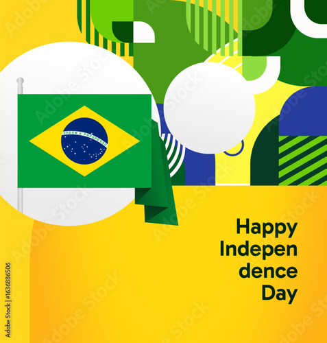 Brazil National Independence Day post template. Modern geometric abstract background in flag colors for Brazil Day, September 7th. Brazil Independence Day greeting card cover with flag and geometric