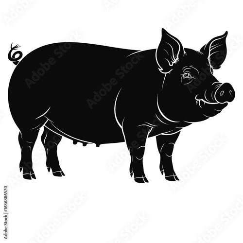 Black silhouette of a farm pig standing sideways silhouette