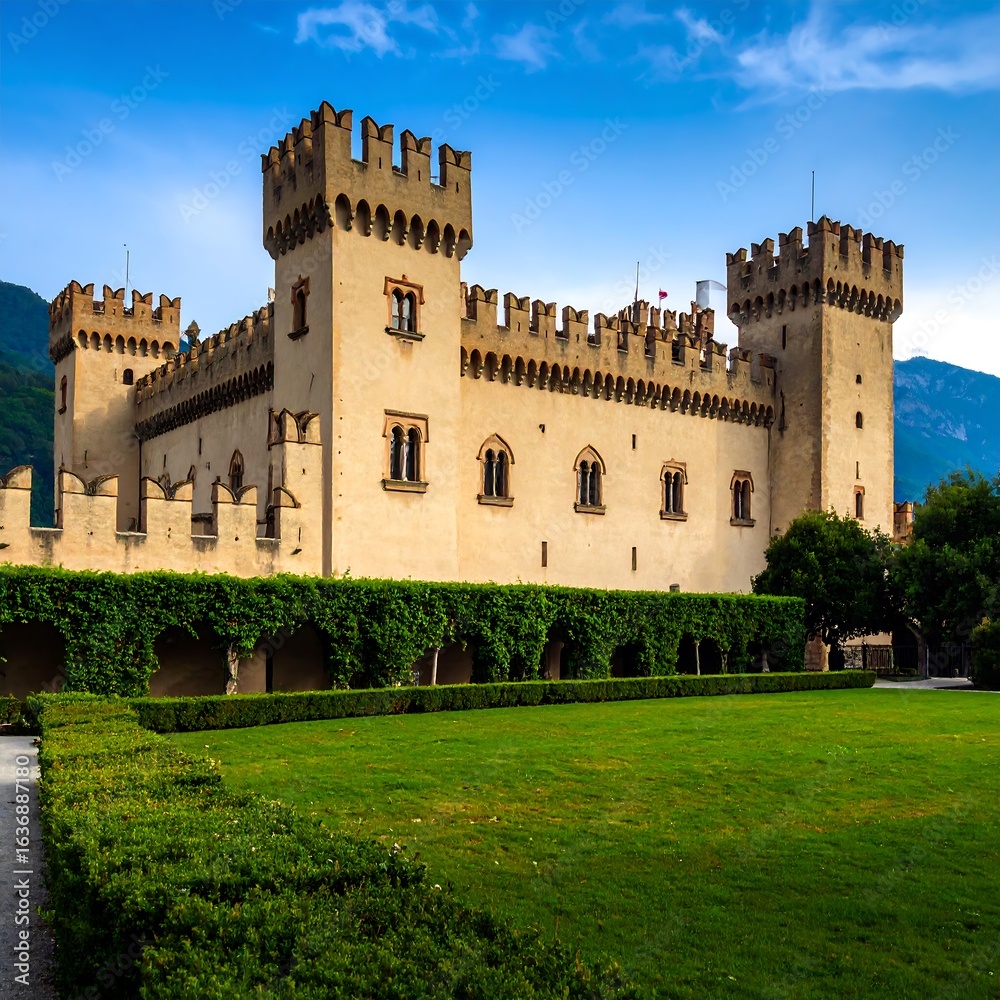Fototapeta premium Ancient stone castle, manicured gardens, mountain backdrop