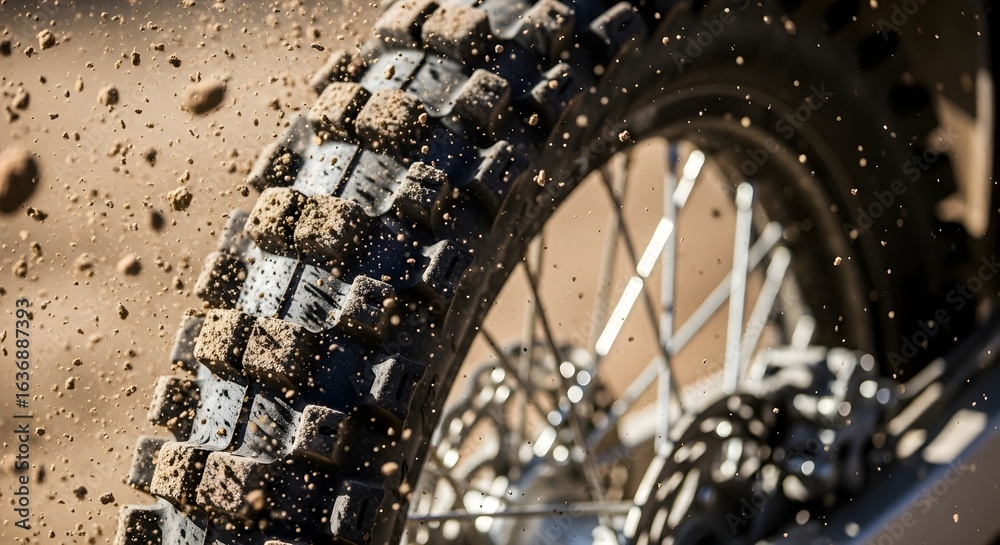 Fototapeta premium Close-up of a muddy motorcycle tire kicking up dirt on a trail.