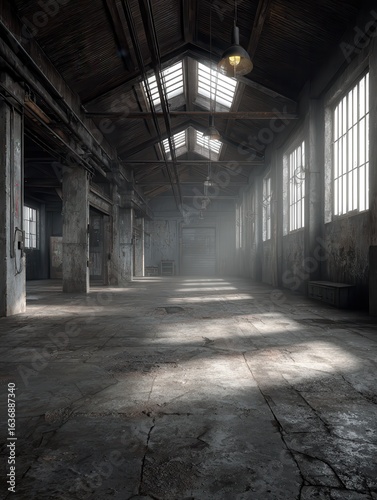 interior photo of a grunge dirty abandoned warehouse 