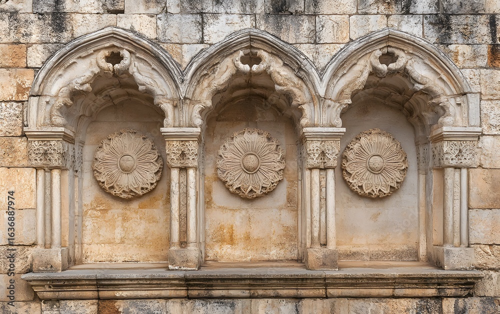 Obraz premium Intricate Stone Carving Architectural Detail, Medieval Archways, Ancient Wall