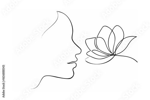 Woman face profile smelling flower continuous line art