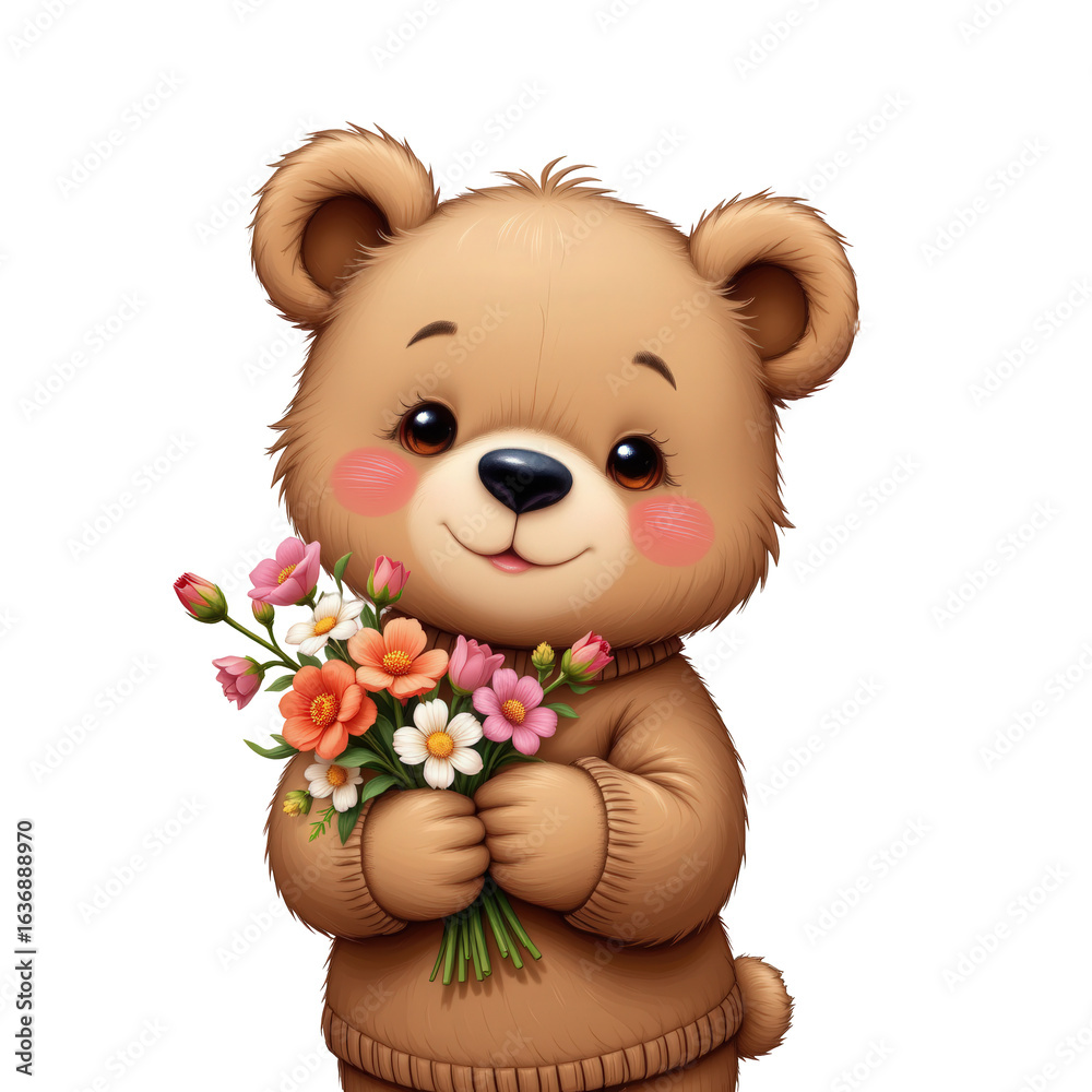 Fototapeta premium Cute Bear Holding Colorful Flowers in a Warm and Playful Setting