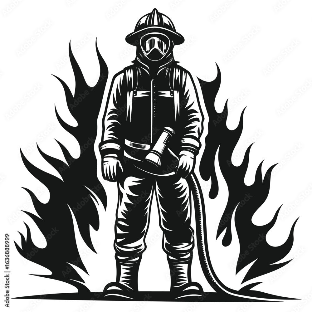 Obraz premium Brave Firefighter Surrounded by Flames Silhouette Illustration Bold and Heroic Depiction