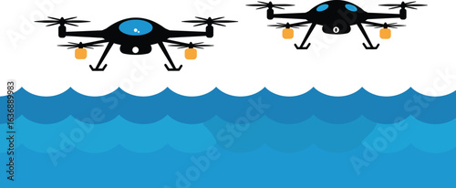 Drone package delivery vector illustration, a modern flat design of flying drones above water for efficient logistics, shipping, and technology concepts.