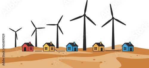 Sustainable wind power vector illustration, a modern flat design of a community of houses connected to clean and renewable energy sources.