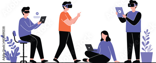 Virtual reality and metaverse collaboration vector illustration, a modern flat design of people working together in a futuristic digital workspace.