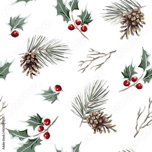 Christmas seamless pattern, holly twigs with red berries, pine cones, twigs, white background. Vector illustration. Nature design. Season greeting. Winter holidays