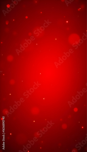 Bright red glowing center on dark red background surrounded by scattered red and orange dots, glowing particles, and sparkling lights creating depth and dimensionality