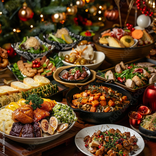 Festive christmas spread featuring various dishes and a decorated christmas tree in the background