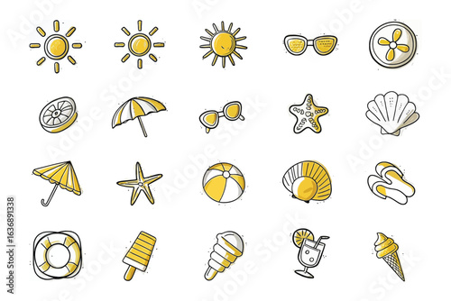 Summer Icon Collection: A vibrant assortment of sunny and beach-themed icons, capturing the essence of summer. Perfect for adding a touch of vacation joy to your design.