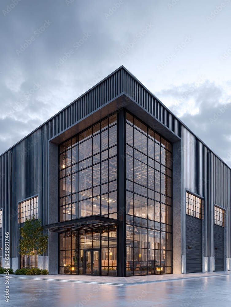 Fototapeta premium sleek steel exterior of modern warehouse office building generative ai