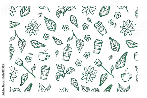 Green Flora Illustration: Hand-drawn illustration, featuring elements of flowers, leaves, coffee cups, and various plant life forms arranged in a delightful repeat pattern.