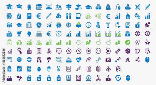 Vector illustration of collection of blue and green business and education icons isolated on white background