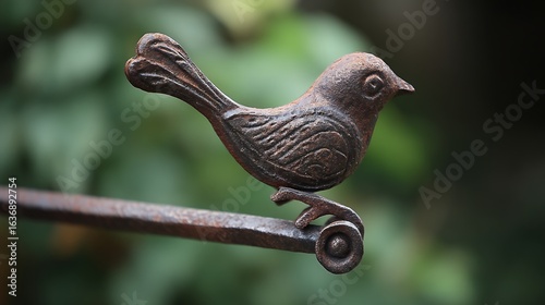 Rustic charm with vintage metal bird ornament perched peacefully, evoking nostalgia and nature's simple beauty in a garden setting