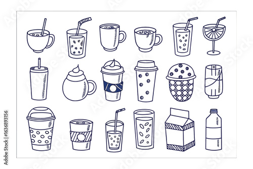 Variety of Beverages: A collection of sketch beverages, each offering a unique taste, inviting viewers to indulge in the simple pleasures of refreshment in a clean, minimalist design.