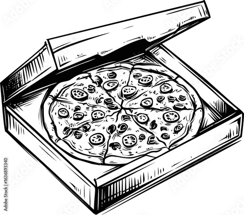 Monochrome sketch of pizza with toppings inside an open box, detailed illustration. Vector illustration