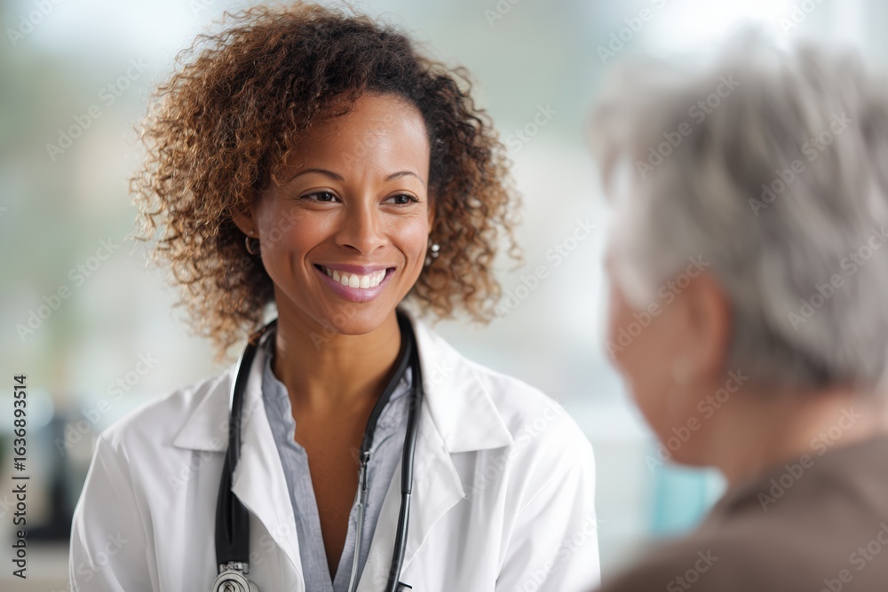 a female doctor smiling while talking to a senior patient in a bright clinic room, wearing a white coat and stethoscope, warm and professional environment a female doctor smiling while talking to a senior patient in a bright clinic room, wearing a white coat and stethoscope, warm and professional environment