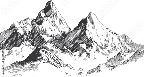 Detailed black and white sketch of mountain peaks in rugged landscape. Vector illustration