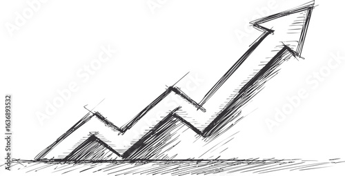 Black and white sketch of an upward trending zigzag arrow graph. Vector illustration