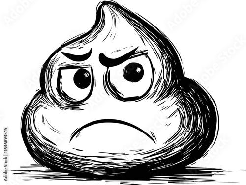 Angry poop sketch in black and white with cartoon frown expression. Vector illustration