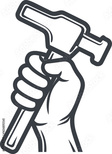 Hand holding a black and white hammer in strong grip. Vector illustration