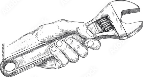 Hand holding an adjustable wrench in detailed black and white sketch style. Vector illustration
