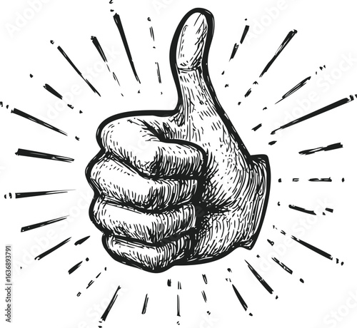 Thumbs up drawing with rays in black and white, expressing positivity concept. Vector illustration