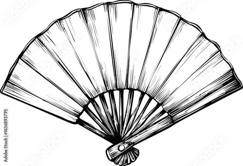 Black and white illustration of a traditional folding hand fan, vintage sketch style. Vector illustration