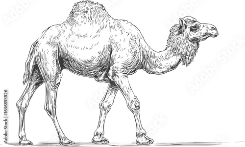 Detailed black and white sketch of a standing camel with realistic features. Vector illustration
