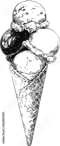 Triple scoop ice cream cone sketch with detailed waffle cone. Vector illustration