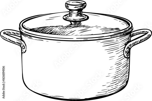 Black and white sketch of a cooking pot with lid and handles. Vector illustration