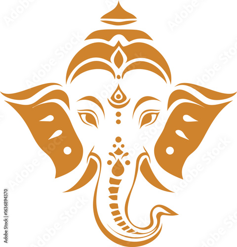 Stylized orange elephant head, ganesha with intricate patterns. Vector illustration