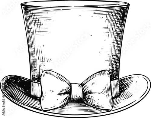Vintage black and white illustration of top hat with bow tie sketch. Vector illustration