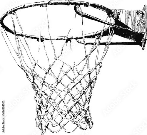 Sketch of a black and white basketball hoop with detailed net. Vector illustration