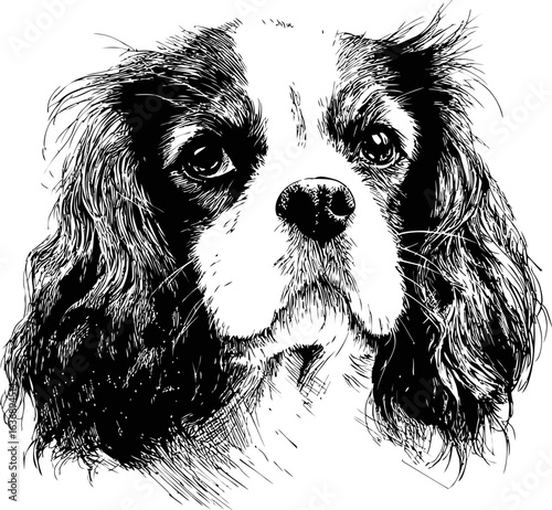 Black and white sketch of a cavalier king charles spaniel's face with detailed fur. Vector illustration