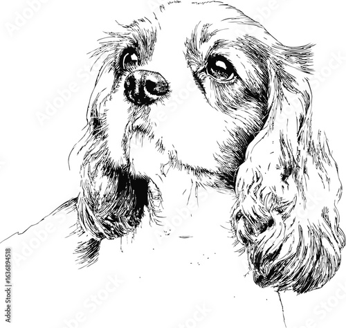 Sketch of cavalier king charles spaniel with detailed fur in black and white. Vector illustration