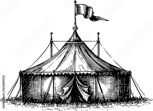 Illustration of a vintage circus tent with flag and grass in black and white sketch. Vector illustration