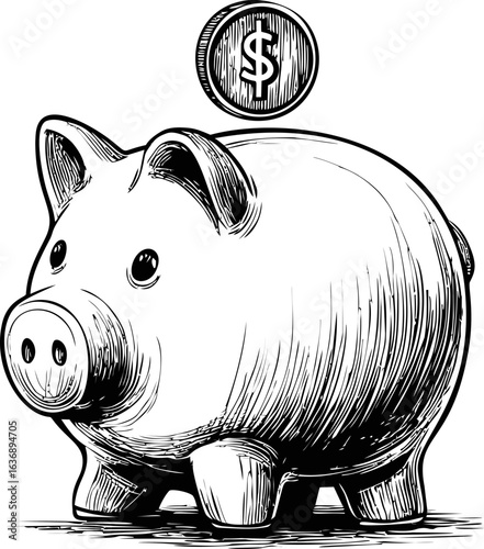 Savings concept with a sketch of a piggy bank and coin. Vector illustration