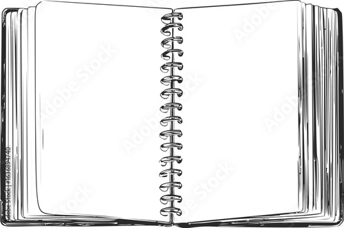 Open spiral notebook sketch with blank pages for creative design. Vector illustration
