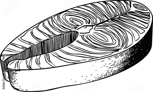 Black and white illustration of a salmon steak with detailed line art. Vector illustration