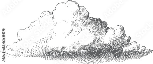 Cloud illustration in vintage stippling style, detailed black and white sketch. Vector illustration