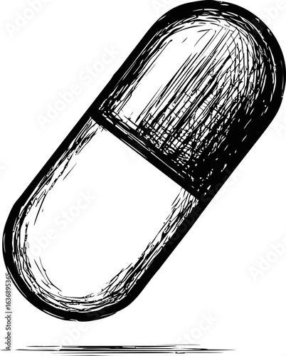 Sketch style black and white capsule illustration, concept of medicine art. Vector illustration