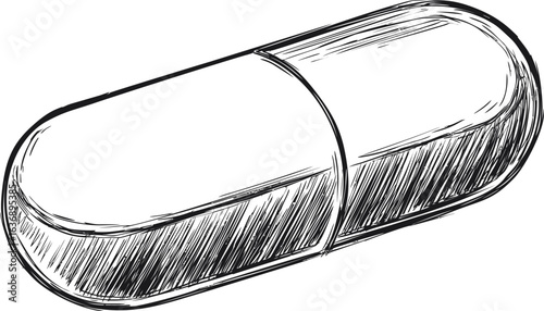 Sketch of a detailed capsule pill in black and white line art style. Vector illustration