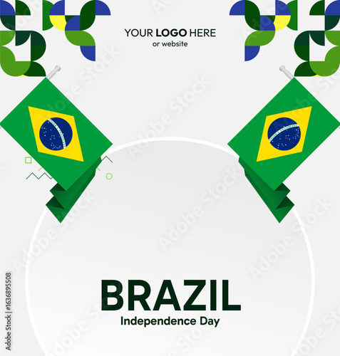 Happy Brazil Independence Day. Social post template with flag and geometric art. Happy National Day, September 7th. Perfect for poster, greeting card, sale day, and cover illustration